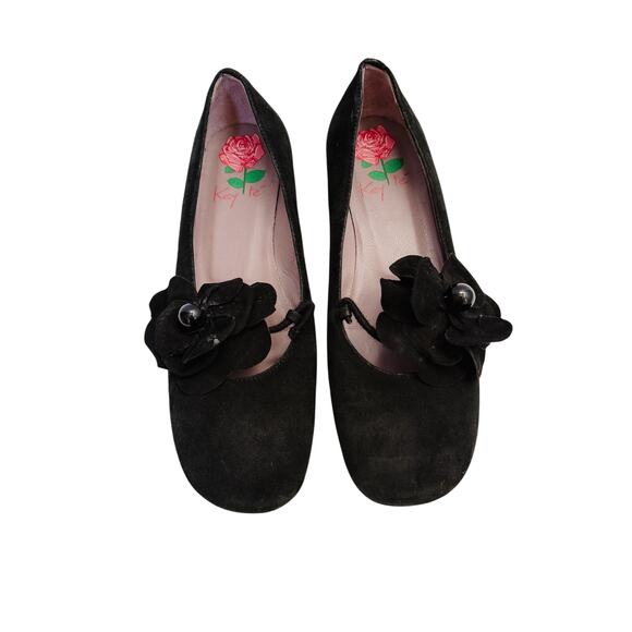 Key Te Italian Black Suede Leather Flats Womens sz 37 US 6.5 Flower Preppy - Picture 9 of 9